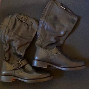Black Frye Leather Boots with Buckle Accents